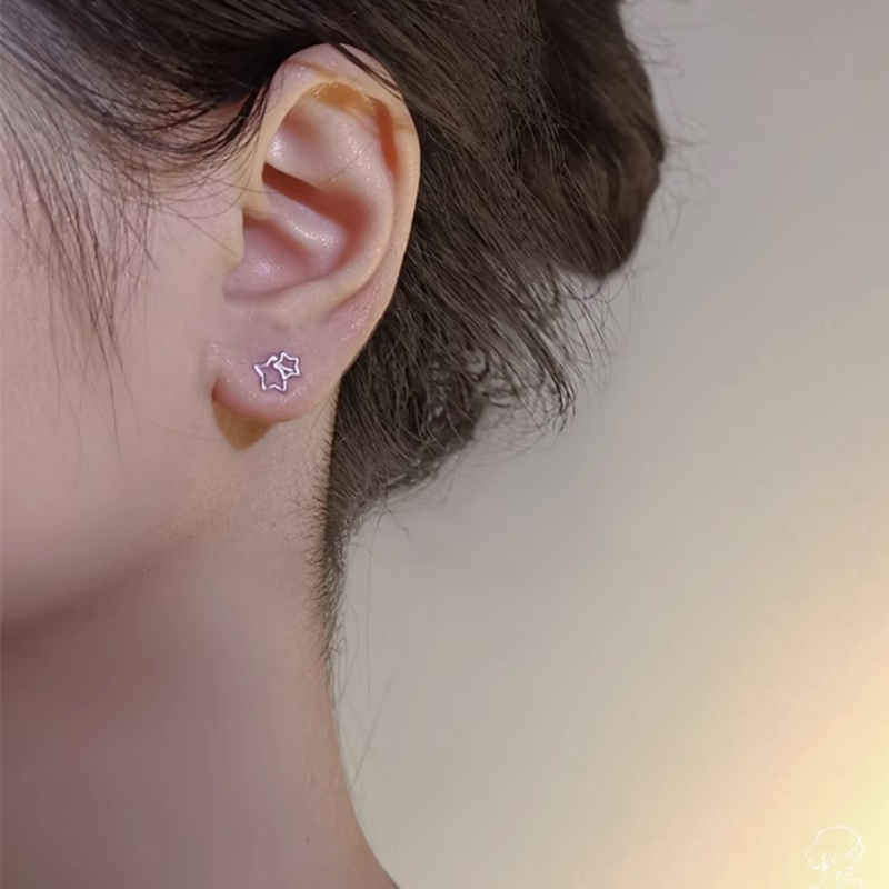 Papaozhu Korea S925 Perak Lucu Berongga Double Star Stud Earrings Untuk Wanita Perempuan Trendi Kecil Geometris Anting-Anting Hypoallergenic Telinga Perhiasan Aksesoris