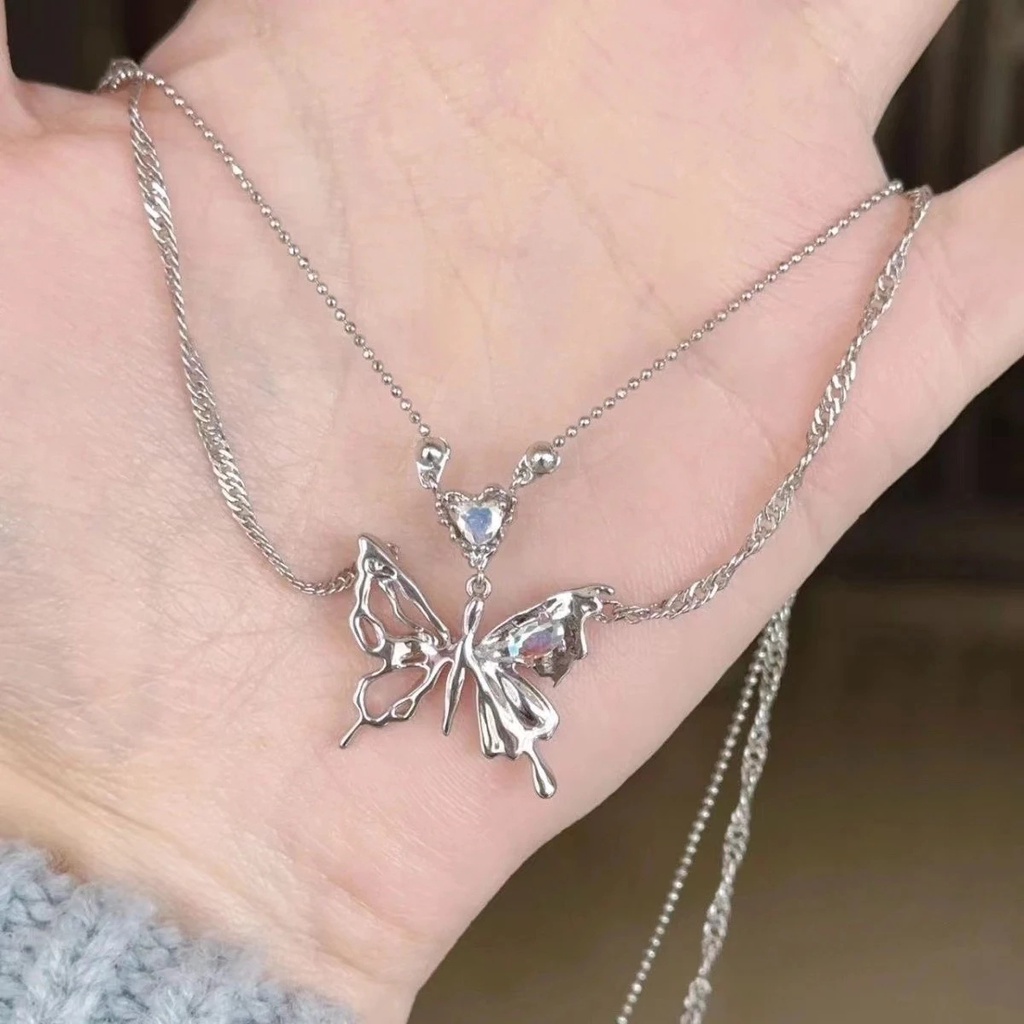 Cinta Hati Berlian Rantai Klavikula Y2K Double Layer Chain Heart Necklaces Vintage Hip Hop Pesta Gadis Perhiasan Aksesoris Hadiah Kepribadian Kristal Kupu-Kupu Liontin Kalung Wanita