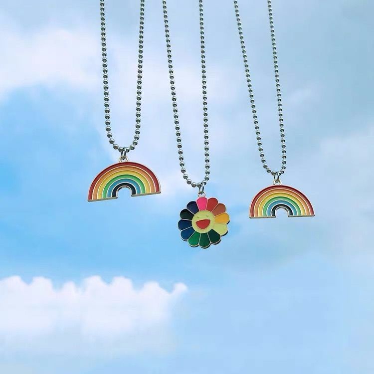 Ins Cool Jump Hip Hop Hyuna Style Colorful Rainbow Pendant Sunflower Smiley Bunga Matahari Pasangan t-Shirt Kalung Pria