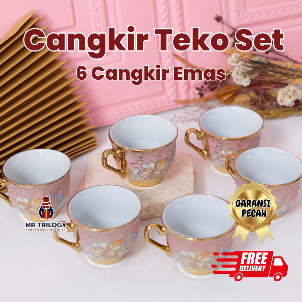 Cangkir Teh Set Keramik Emas Gaya Eropa 6 Gelas Cups Kopi Souvenir