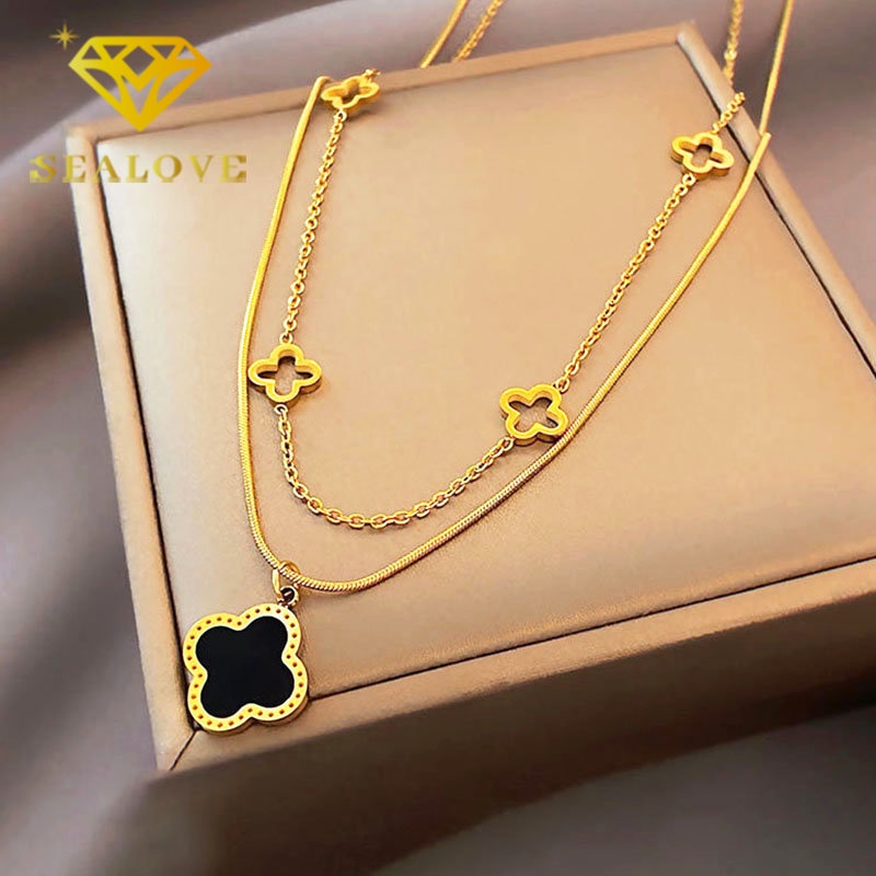 Kalung 2 Layer Titanium Bunga Clover Hitam Aesthetic Korea Emas 18K Anti Karat Aksesoris Wanita Perhiasan Necklace