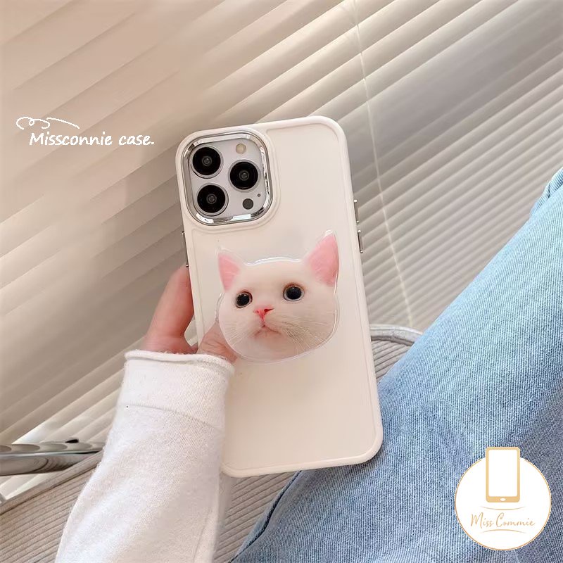 Casing Warna Solid Simple Plating Mewah Kompatibel Untuk IPhone 7plus X XR 11 14 13 12 Pro MAX 7 8 Plus XS MAX Frame Lensa Metal Soft Cover Dengan Braket Kucing Kitty Lucu