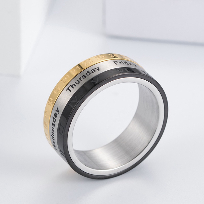 Pria Baja Titanium Punk Rotatable Spinner Tanggal Waktu Kalender Angka Romawi Jari Kecemasan Fidget Ring
