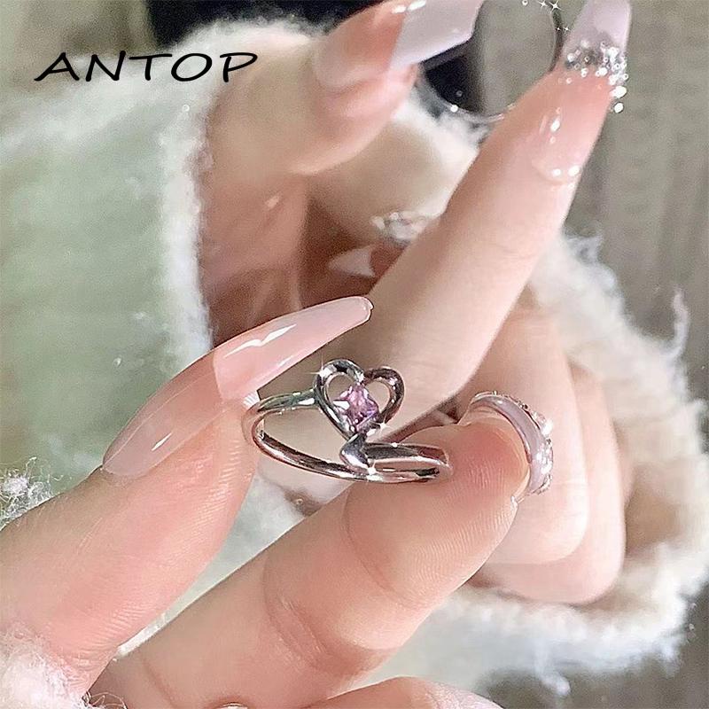 [antop]Female Pinky Cincin Ring Moonstone Batu permata Merah MudaMahasiswa Pasangan Jantung Cincin Kreatif Cincin