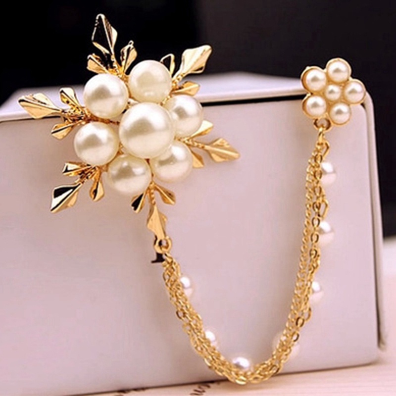 Bros Rumbai Rantai Snowflake Mutiara Elegan Bros Fashion Untuk Wanita Chain Pin Jewelry