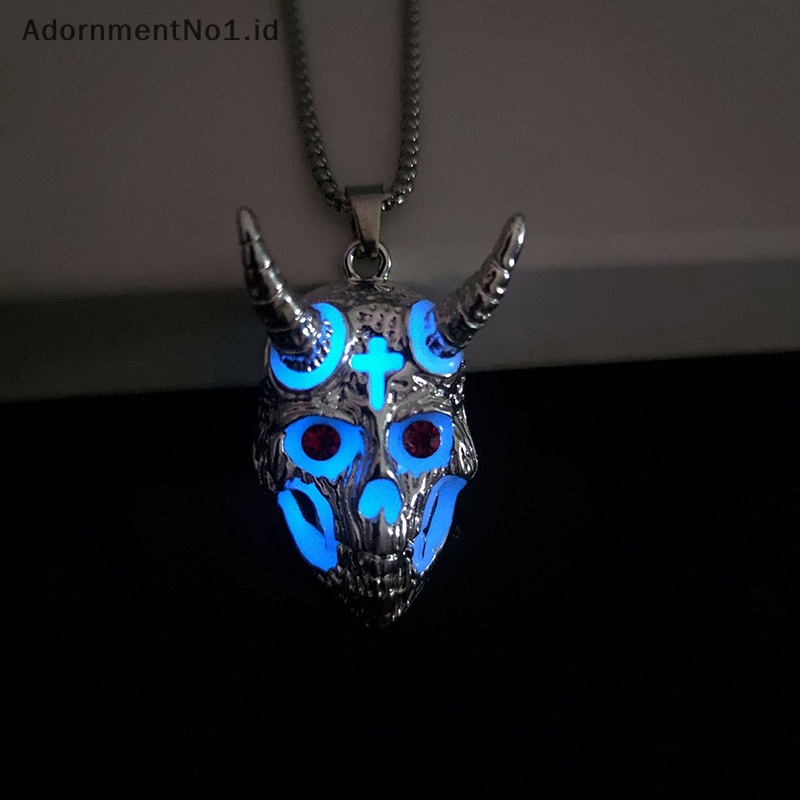 [AdornmentNo1] Luminous Ram tengkorak liontin setan kambing kepala kalung Vintage rantai leher Halloween perhiasan aksesoris untuk pria hadiah pacar