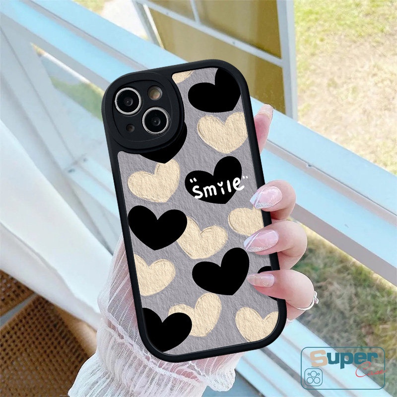 Simple Oil Painting Lucky Love Heart Smile Plaid Case Compatible for IPhone 7Plus XR X XS Max 13 11 14 12 Pro Max 7 8 6 6s Plus SE 2020 Vintage Tag Lattice Shockproof Soft Tpu Case