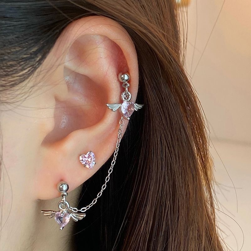 Anting Tusuk Bentuk Tulang Telinga Beruang Hati Zircon Warna Pink Gaya Korea Untuk Wanita