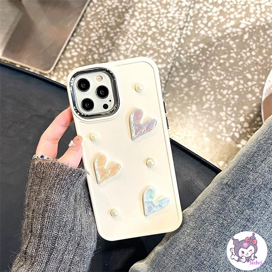 Compatible For iPhone 14 13 12 11 Pro Max SE2020 X Xr Xs Max 8 7 6 6s Plus Fashion  3D Love Heart Cream Pearl Metal Buttons Shockproof Phone Case Soft Cover