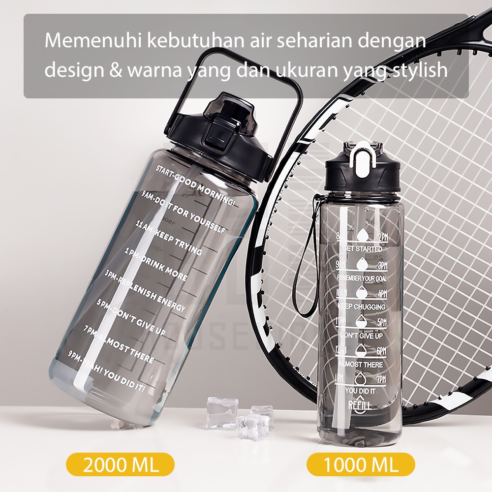 HUGO Botol Minum Motivasi Set 2 in 1 Botol Air 2 Liter + 1 Liter Botol Anak Sekolah Premium BPA FREE