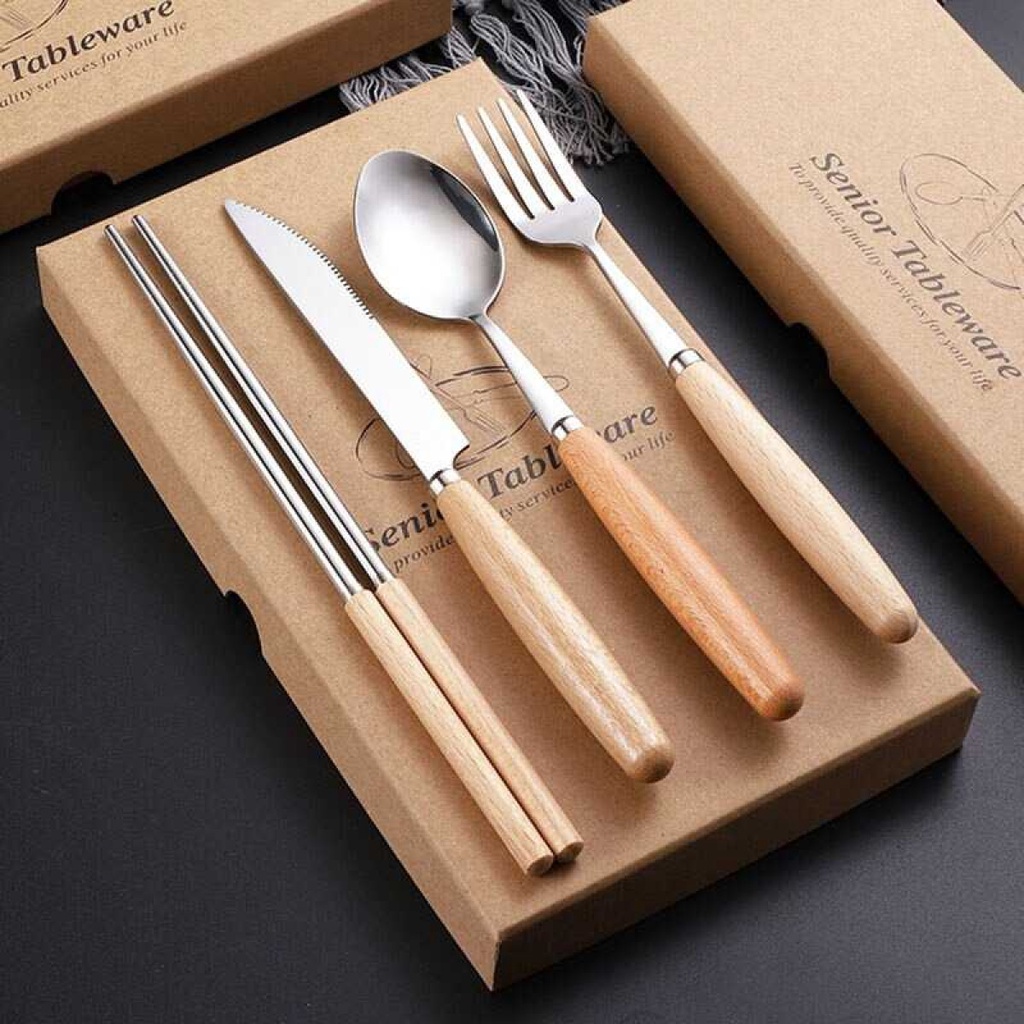 BearPaw Set Alat Makan Sendok Garpu Pisau Sumpit Cutlery Wooden Handle