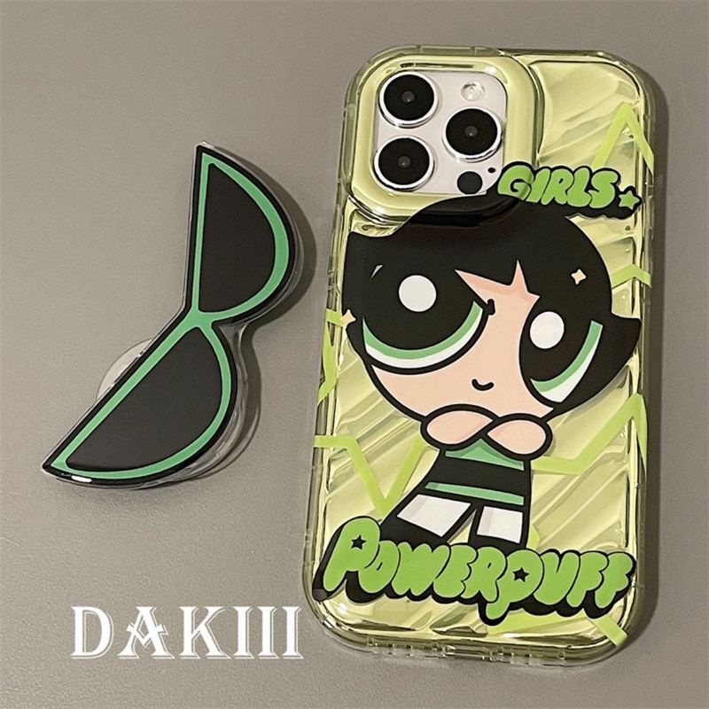 【The Powerpuff Girls】So Cool Laser Wave Gradient Silver Airbag SoftCase IPhone 11 12 13 14 Pro Max X XR XS MAX 14 Plus Girl Women's Fashion Cute Phone Case Gift Popsocket Sunglasse