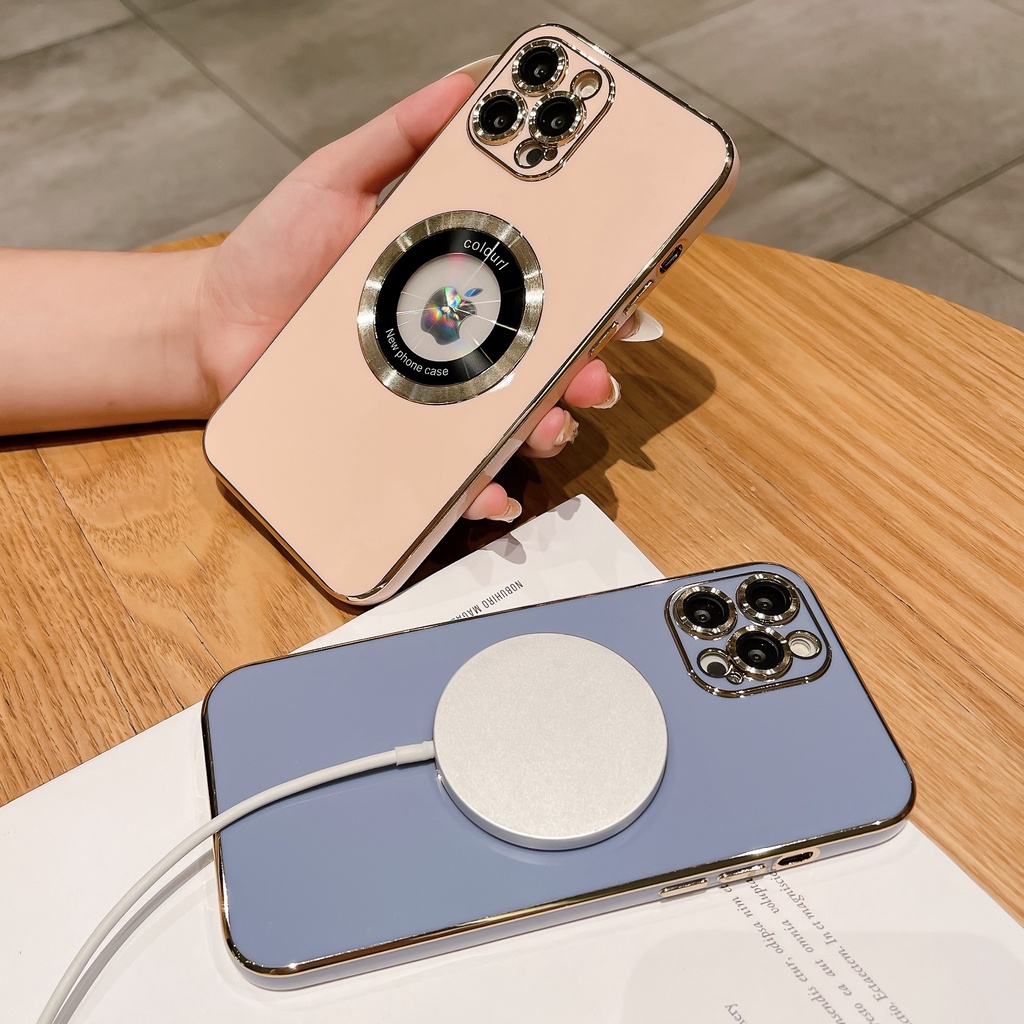 Electroplated solid color Leak apple label Dengan film Lensa Bawaan Dan Cincin Magnetik Casing iPhone Untuk iPhone14 13 12 11Promax soft Case Cover