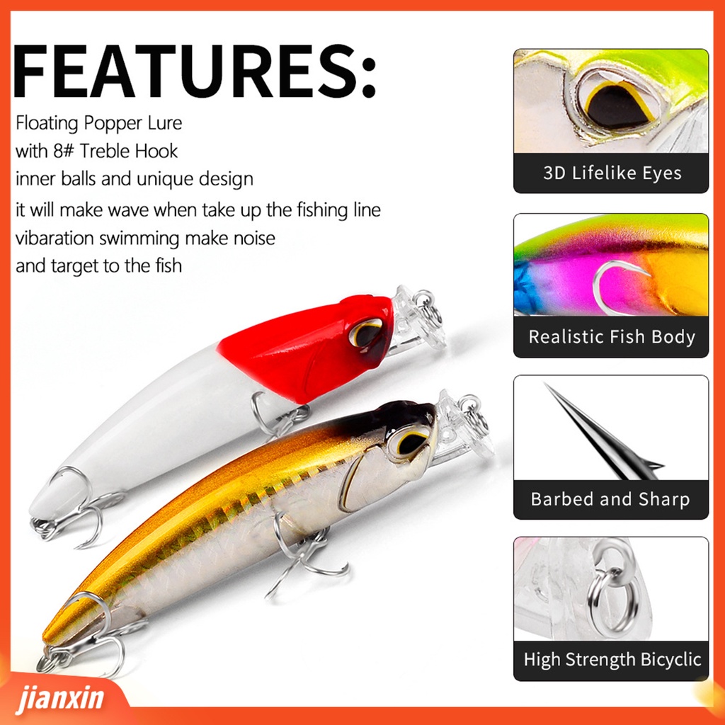 (In Stock) 8cm /10g Realistis Pemancingan Umpan Popper Pancing Permukaan Air Plastik Tahan Sobek Untuk Memancing