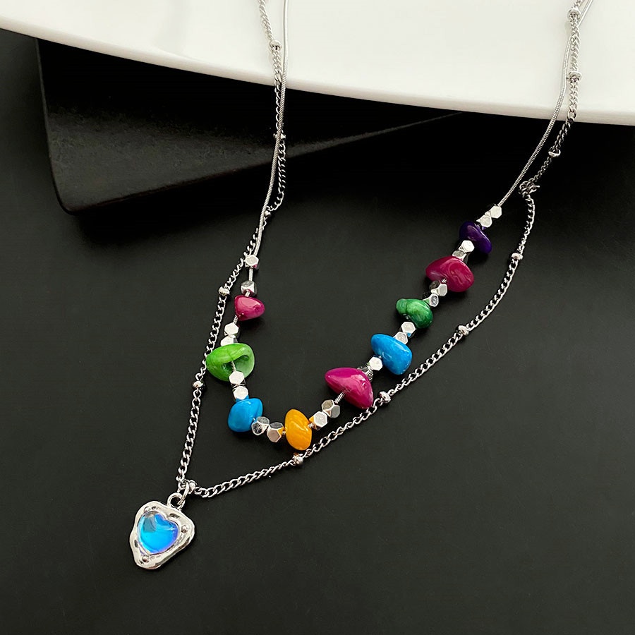Seven Colored Stone Love Pendant Double Necklace Aksesoris Cahaya Mewah Fashion Temperamen Rantai Klavikula