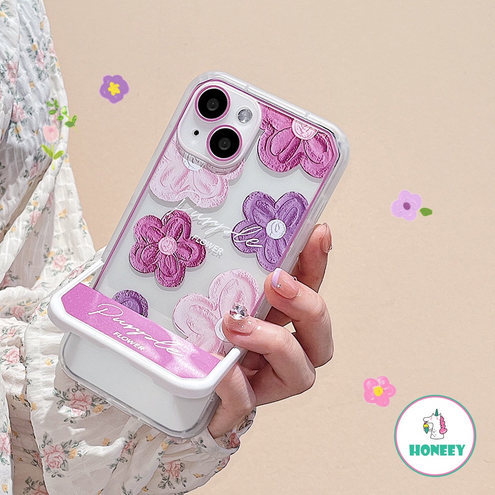 Ins Ungu Floral Invisible Bracket Phone Case Kompatibel Untuk Iphone14 13 12 11 Pro Max Casing iPhone 11xr XS 7 8Plus Lembut TPU Shockproof Back Cover