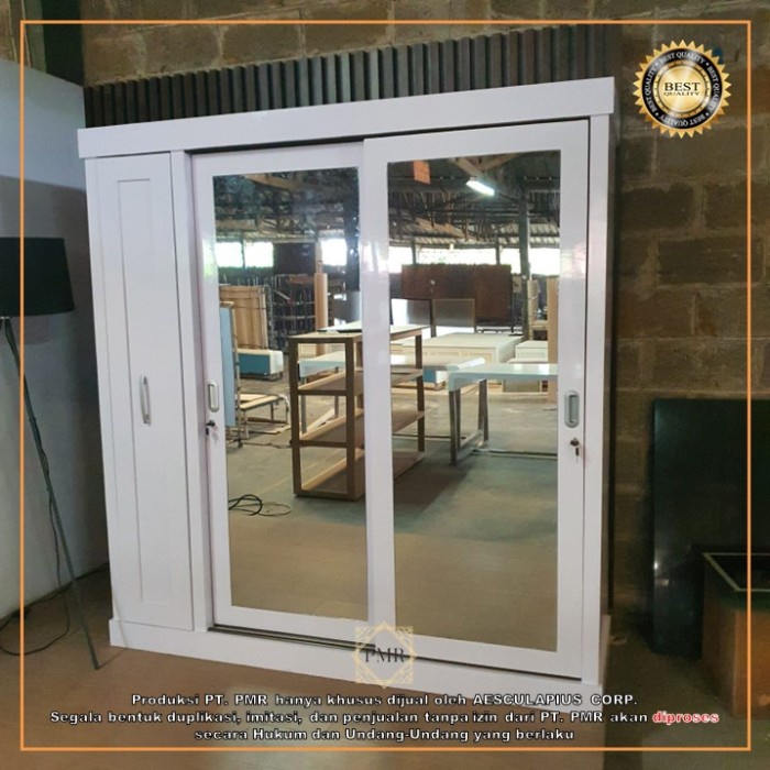 LEMARI GAMIS HIJAB 3 DAUN PINTU kayu geser besar kaca cermin murah - Putih