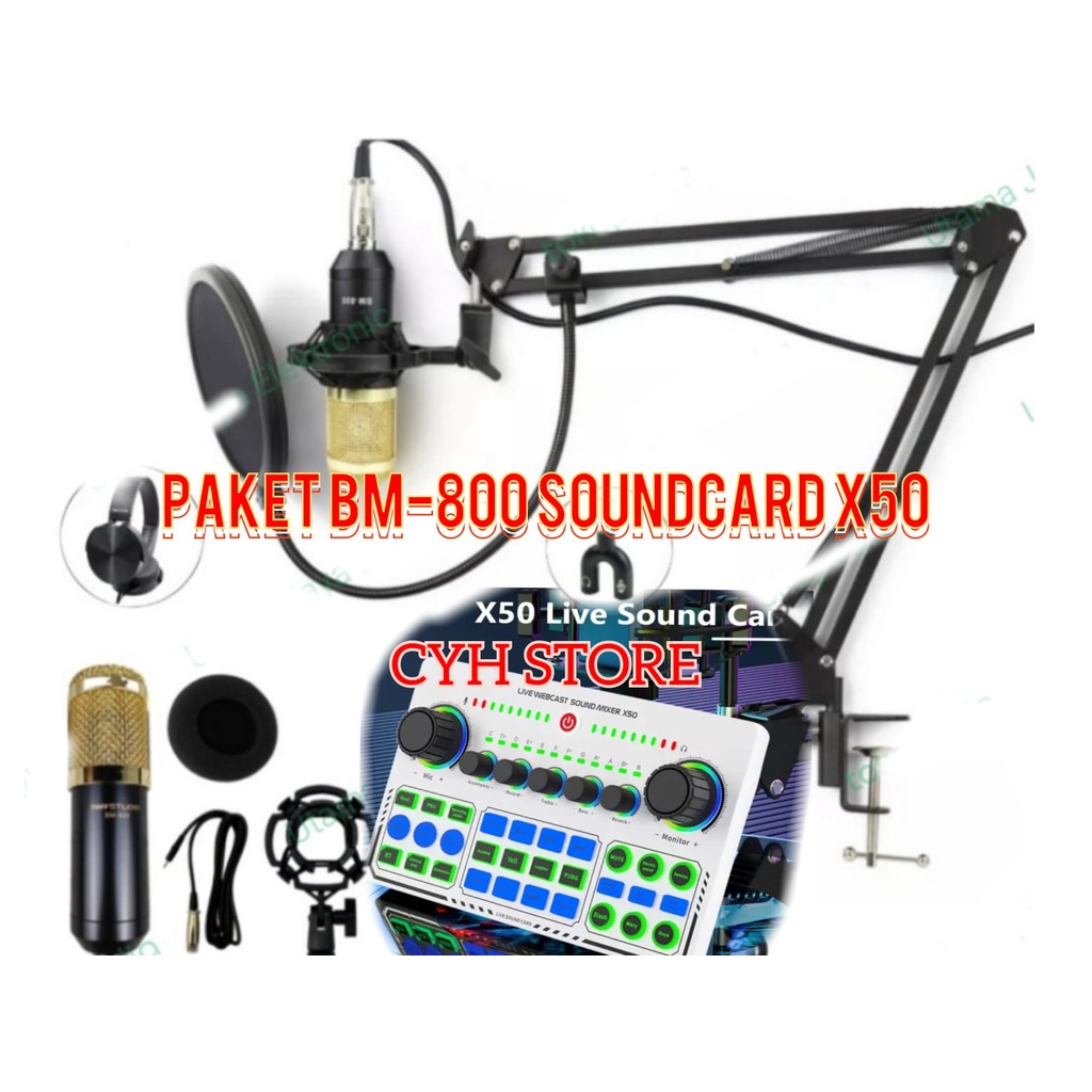 Paket Mic BM800 Soundcard X50 Stand Arm Pop Filter Recording Terbaik