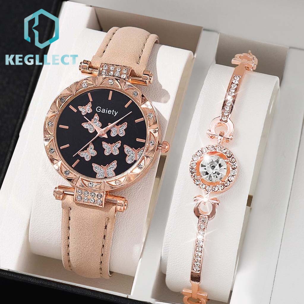 Kualitas Super 2 Pcs Set Jam Tangan Wanita Dial Berlian Tali Jam Tangan Kulit Tali Jam Tangan