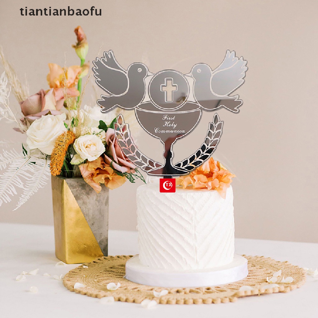 [tiantianbaofu] 1pc Baptis Cake Topper Merpati IHS Ekaristi Golden Silver Dekorasi Kue Butik