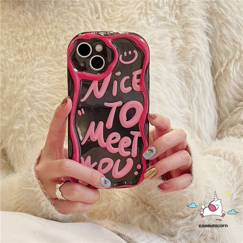 IPHONE Kompatibel Untuk Iphone11 13 12 14 Pro Max 7plus XR 6s 6 7 8 Plus X XS Max SE 2020 Ins Fashion Art Letter Smile Tpu Lembut 3D Wavy Curved Edge Shockproof Airbag Glossy Phone Case