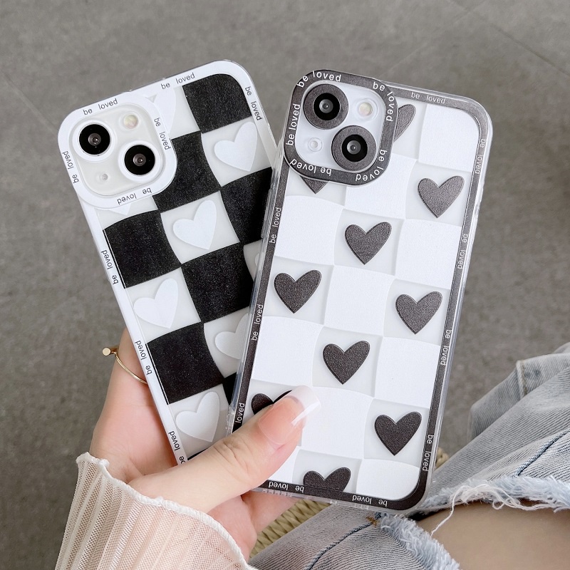 IPHONE Soft Case Pelindung Handphone Untuk Iphone14 13 12 11 Pro MAX X XR XS Max7 8 Plus Hitam Putih Cek love Hati