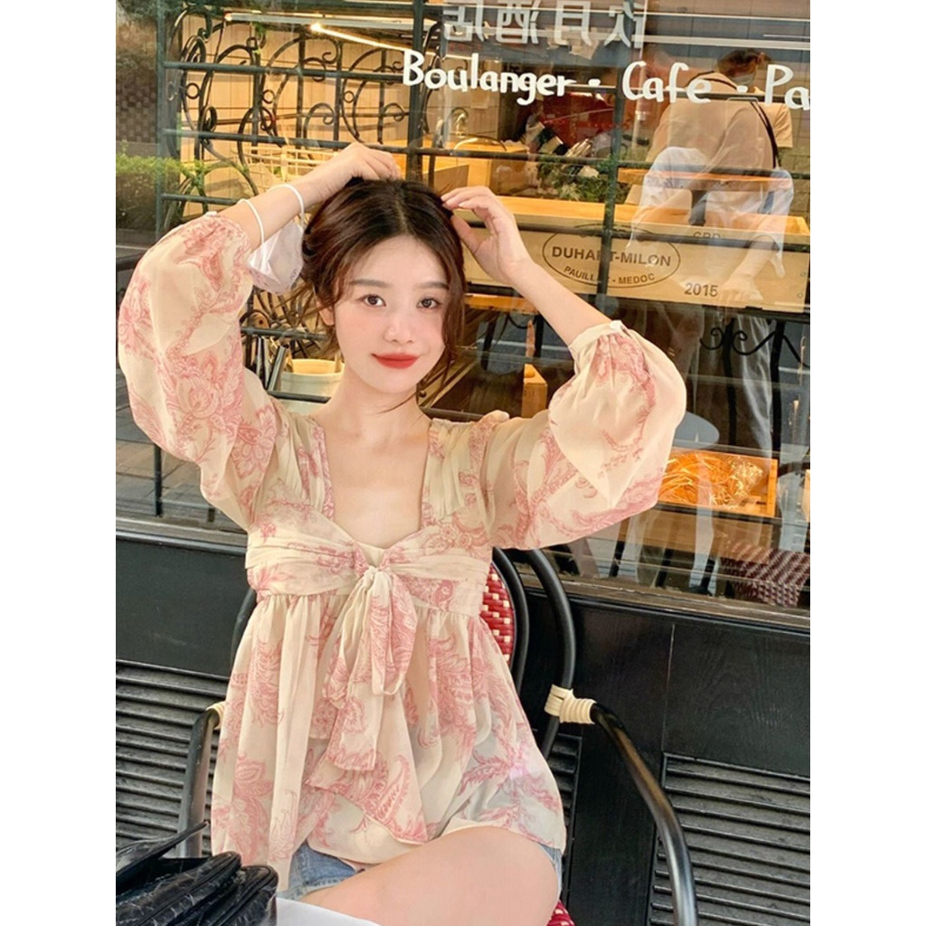 Floral top wanita musim semi dan musim gugur kemeja sifon temperamen kemeja boneka Perancis