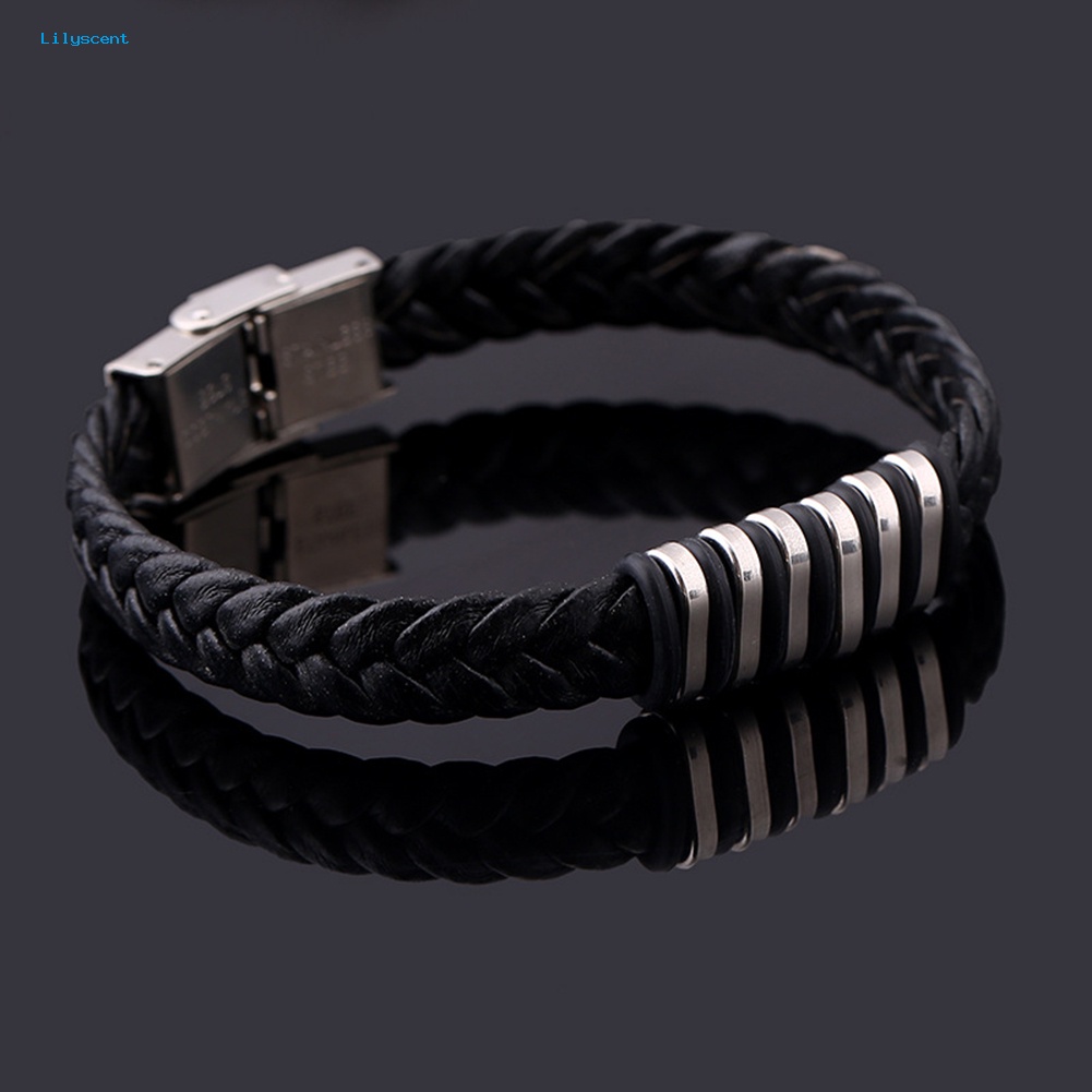 Lilyscent Dikepang Gelang Kulit Imitasi Baja Titanium Pria Gelang Punk Bangle Perhiasan