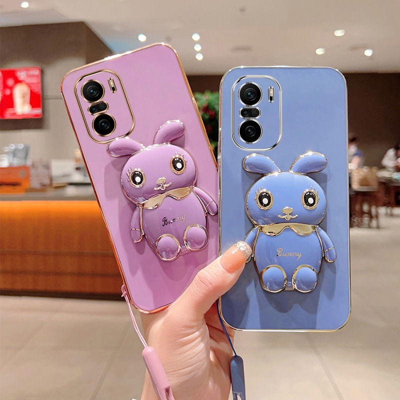 Andyh Case Handphone Untuk Xiaomi POCO F3 POCO F2 Pro Lucu Kartun Kelinci Kecil Tepi Lurus Shell Lembut Mengirim lanyard Silikon