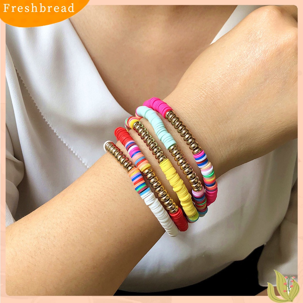 &lt; Freshbread &gt; 5Pcs Wanita Mode Rainbow Polymer Clay String Beads Gelang Pesta Bangle Hadiah