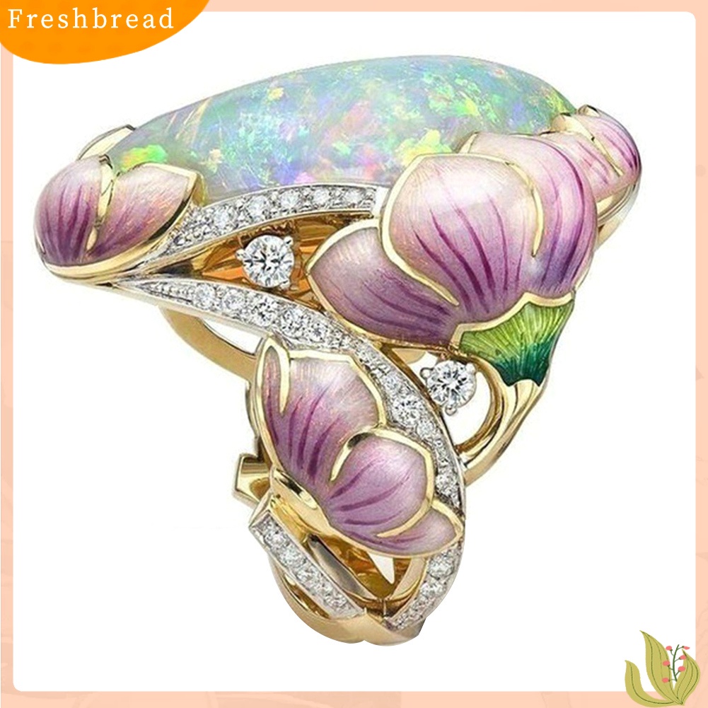 &lt; Freshbread &gt; Wanita Elegan Berlian Imitasi Opal Imitasi Hias Lotus Floral Cincin Pesta Perhiasan Hadiah