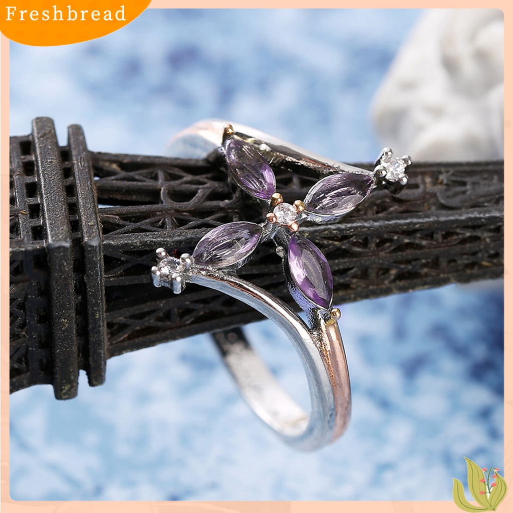 &lt; Freshbread &gt; Cincin Wanita Dual Color Hadiah Valentine Tembaga Faux Amethyst Cross Floral Ring Untuk Pesta