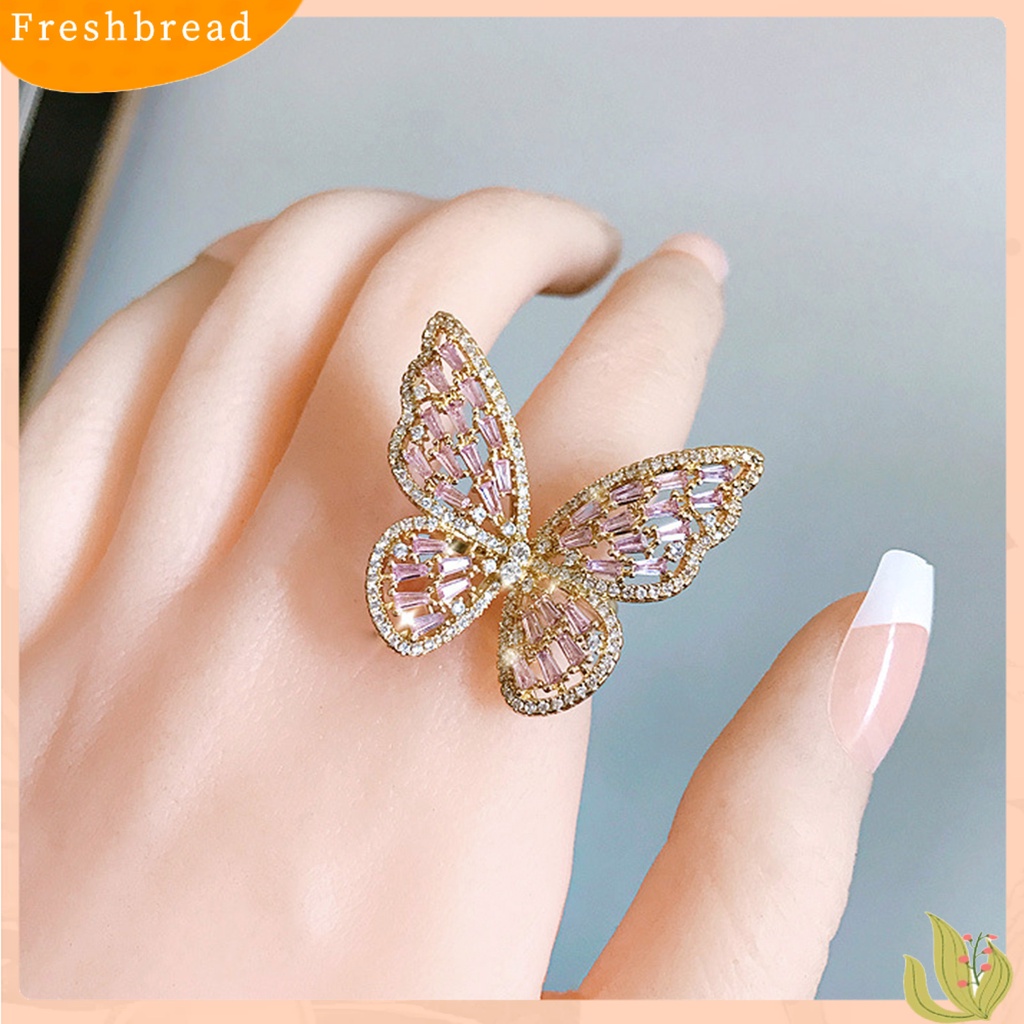 &lt; Freshbread &gt; Fashion Wanita Berongga Kupu-Kupu Berlian Imitasi Pembukaan Jari Cincin Pesta Perhiasan Hadiah