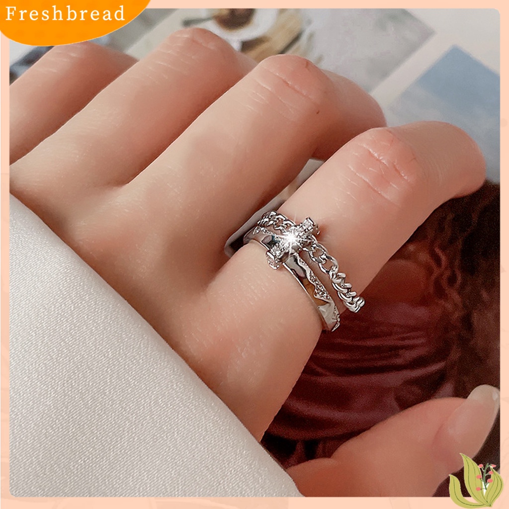 &lt; Freshbread &gt; Wanita Cincin Hip Hop Lapisan Ganda Hias Eye-catching Semua Pertandingan Hadiah Perhiasan Geometris Berlian Imitasi Bertatahkan Wanita Ladies Finger Ring Untuk Pacaran