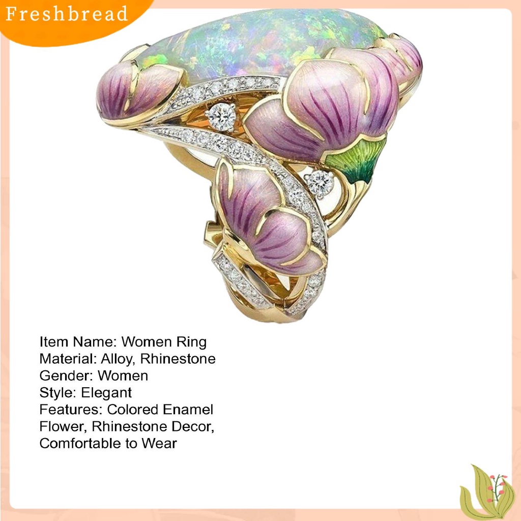 &lt; Freshbread &gt; Wanita Cincin Gaya Retro Imitasi Opal Berlian Imitasi Bertatahkan Elegan Berwarna Enamel Bunga Jari Cincin Aksesoris Perhiasan