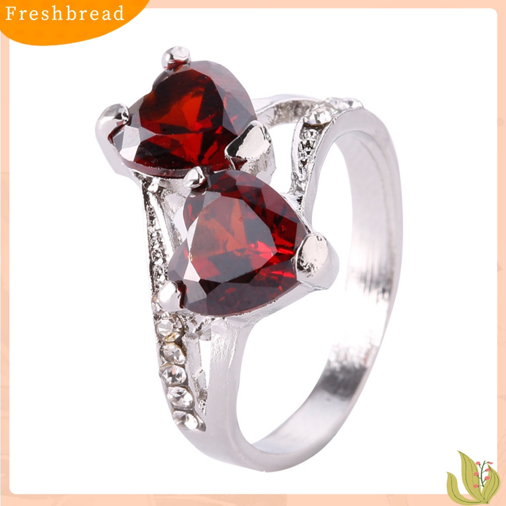 &lt; Freshbread &gt; Fashion Wanita Mewah Cubic Zirconia Berlian Imitasi Bertatahkan Cinta Ganda Cincin Hati