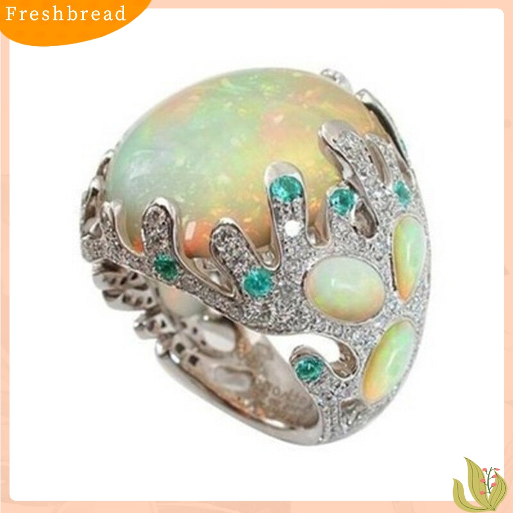 &lt; Freshbread &gt; Wanita Multicolor Oval Besar Faux Moonstone Ukir Bunga Jari Cincin Perhiasan