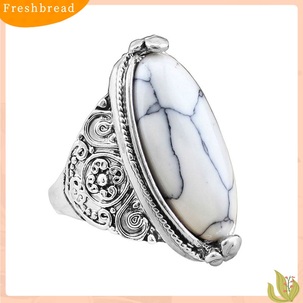 &lt; Freshbread &gt; Wanita Boho Vintage Oval Pirus Antik Perak Disepuh Ukir Cincin Perhiasan