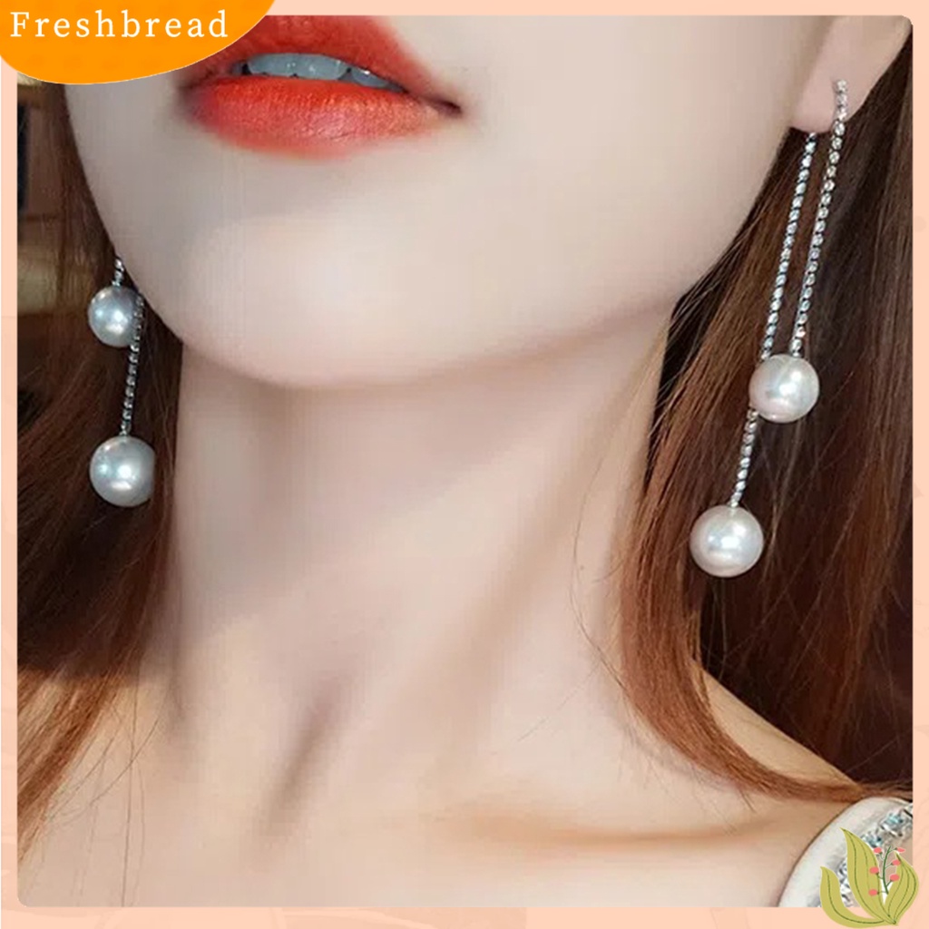 &lt; Freshbread &gt; 1pasang Menjuntai Anting Berlian Imitasi Mengkilap Hias Berkilau Geometris Anti Luntur Hias Hadiah Hari Kasih Sayang Wanita Mutiara Imitasi Panjang Rumbai Stud Earrings