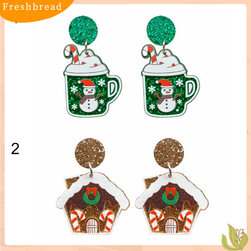 &lt; Freshbread &gt; 1pasang Anting Natal Motif Rumah Glitter Wanita Semua Pertandingan Cangkir Snowman Stud Earrings Untuk Pesta