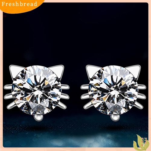 &lt; Freshbread &gt; Gadis Lucu Bersinar Telinga Kucing Giwang925 Sterling Perak Zirkon Anting Perhiasan