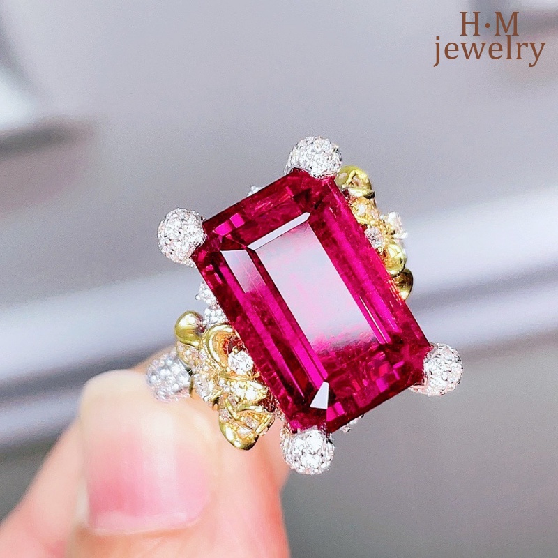 S925 Perak Bunga Tari Mawar Merah Berlian Camelia Terbuka Cincin Natural Berwarna Permata Merah Tourmaline Ornamen