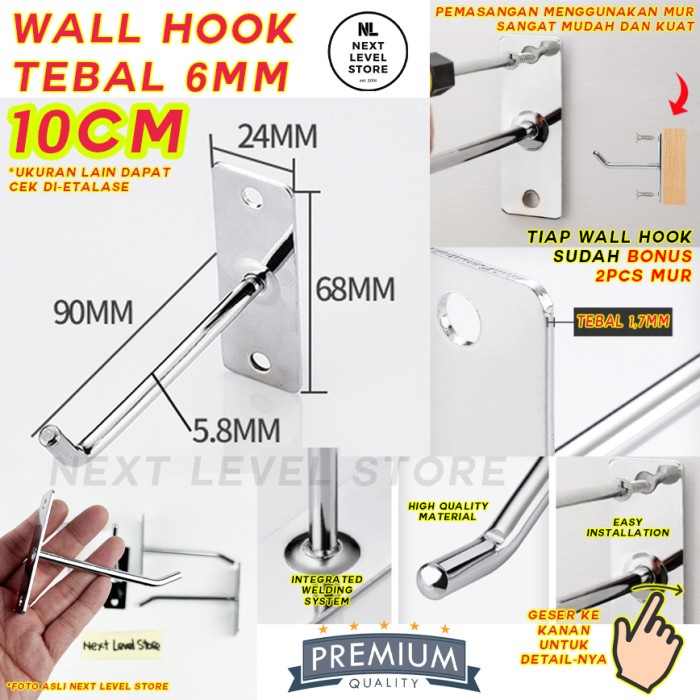 Wall Hook 10 CM Tebal 6mm - FREE 2 MUR - 10cm Cantolan Display Besi