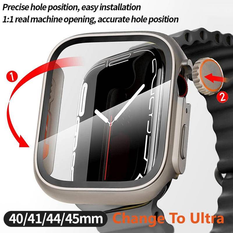 Change to Ultra For Apple Watch Case Series8 7 45mm 41mm Pelindung Layar PC Cover Untuk iWatch 4 5 6 SE 44mm 40mm Tempered Glass