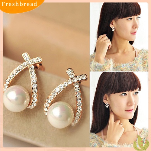 {In Stock} Women's Faux Pearl Ear Studs Earrings Cross Berlian Imitasi Hadiah Perhiasan Pernikahan