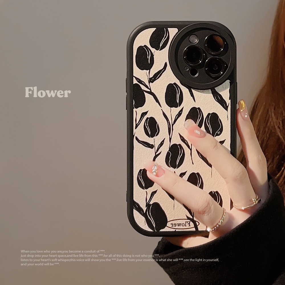 Casing Ponsel Pelindung Lensa Kamera Bulat Tulip Hitam Gelap Serat Kulit Soft Cover Untuk Iphone X XR XS 11 12 13 14 PLUS MINI PRO MAX