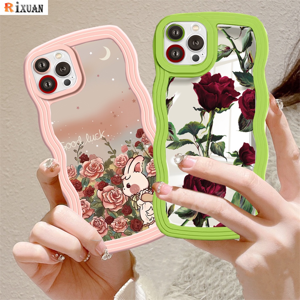 Redmi10 9C 10A 10C 9A 9T Redmi Note11 Pro Note11S Note10 5G 10s Note9 Note8 Poco M5S X3 NFC M3 Wavy Edge Lukisan Minyak Spiked Rose Bergambar Kelinci Wavy Soft Case RIXAUN