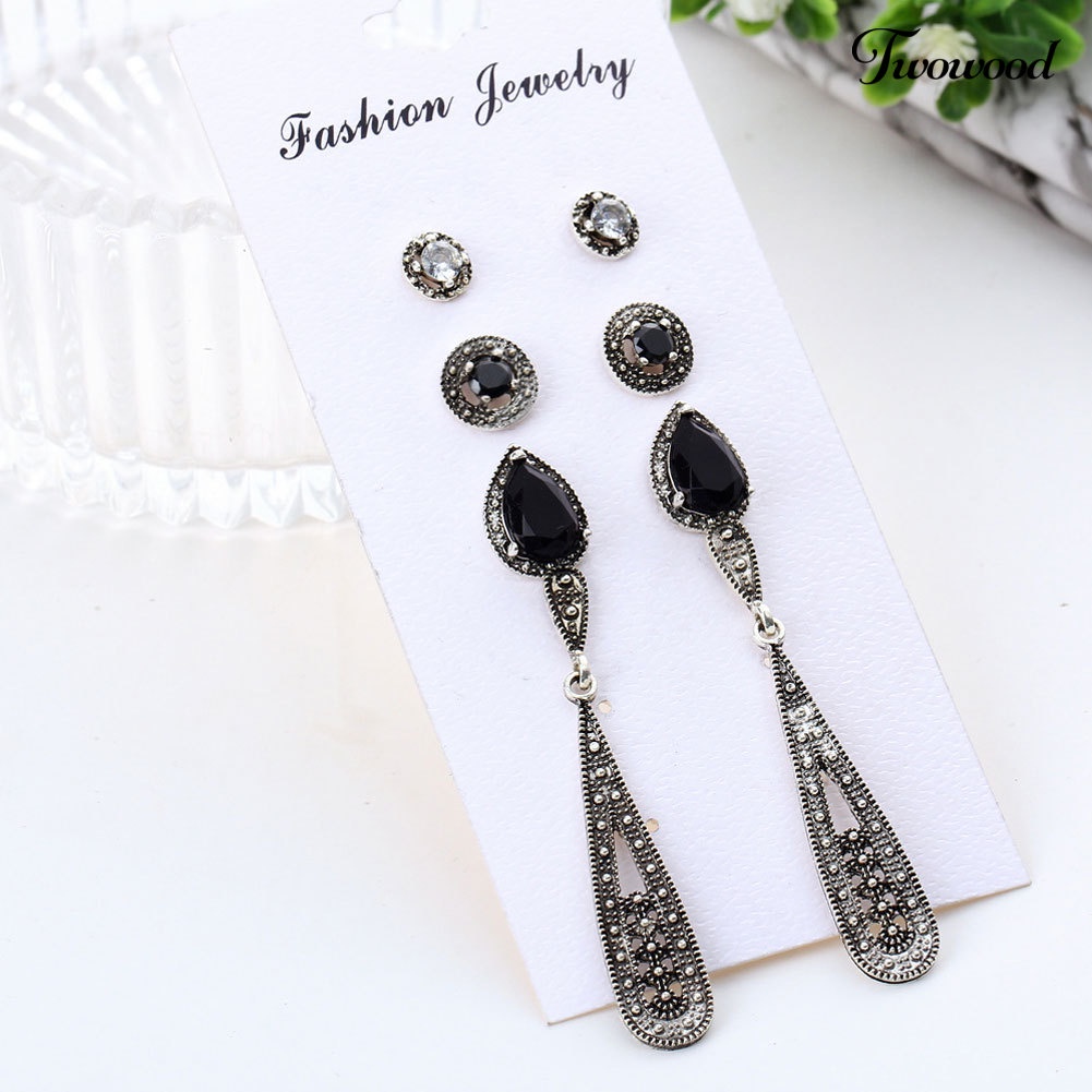 Twowood 4pasang Bohemian Wanita Cubic Zirconia Bulat Drop Ear Studs Linear Earrings Set