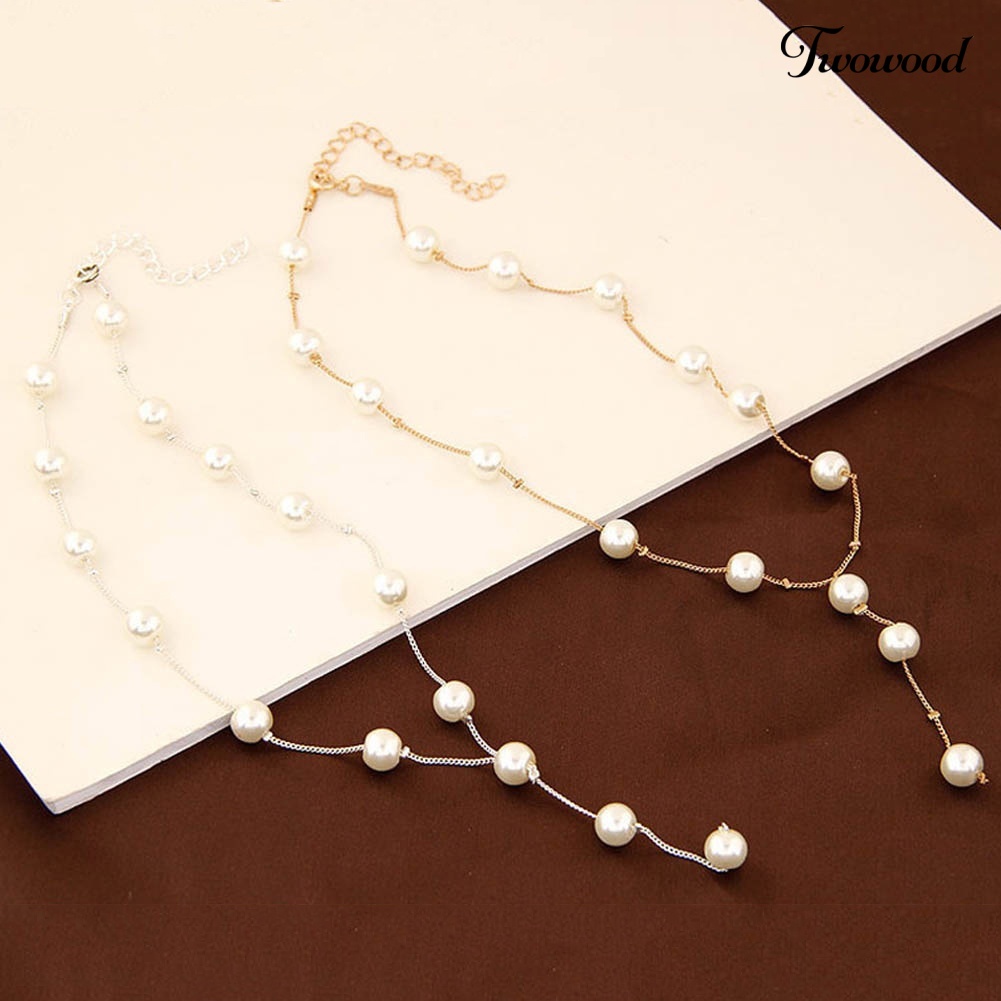 Twowood 3Pcs/Set Wanita Manis Mutiara Imitasi Rantai Panjang Menjuntai Anting Gelang Kalung