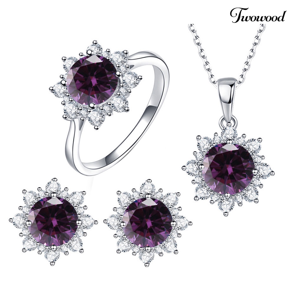 Twowood Wanita Cubic Zirconia Snowflake Pendant Kalung Stud Anting Cincin Set Perhiasan